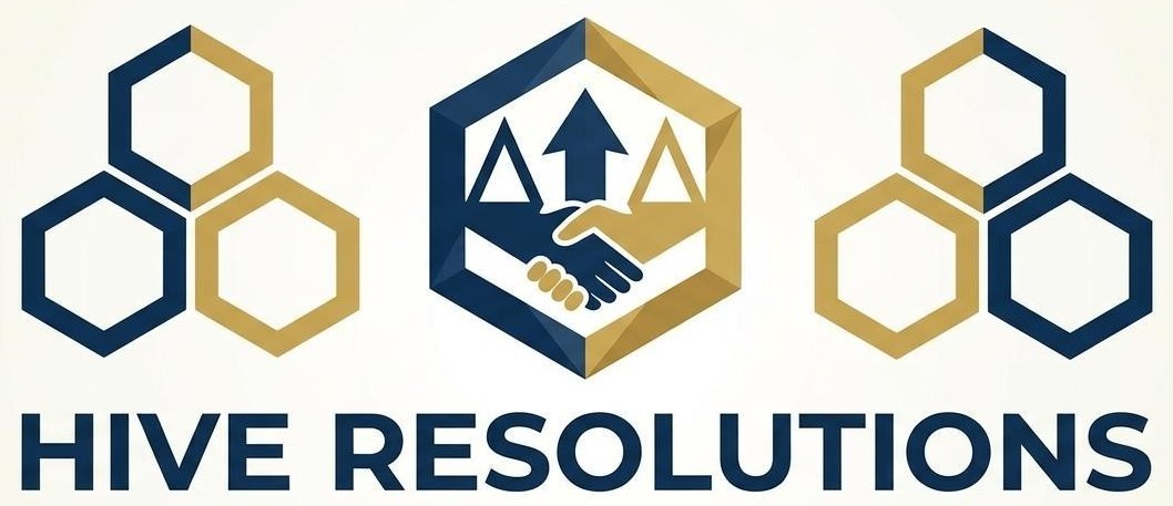 Hive resolutions logo with gold and blue colouring, 3 hexagons in a honeycomb shape on the left and right and a hexagon in the middle with two hands shaking and a blue arrow pointing up